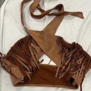 Brown Fringe Halter Crop Top